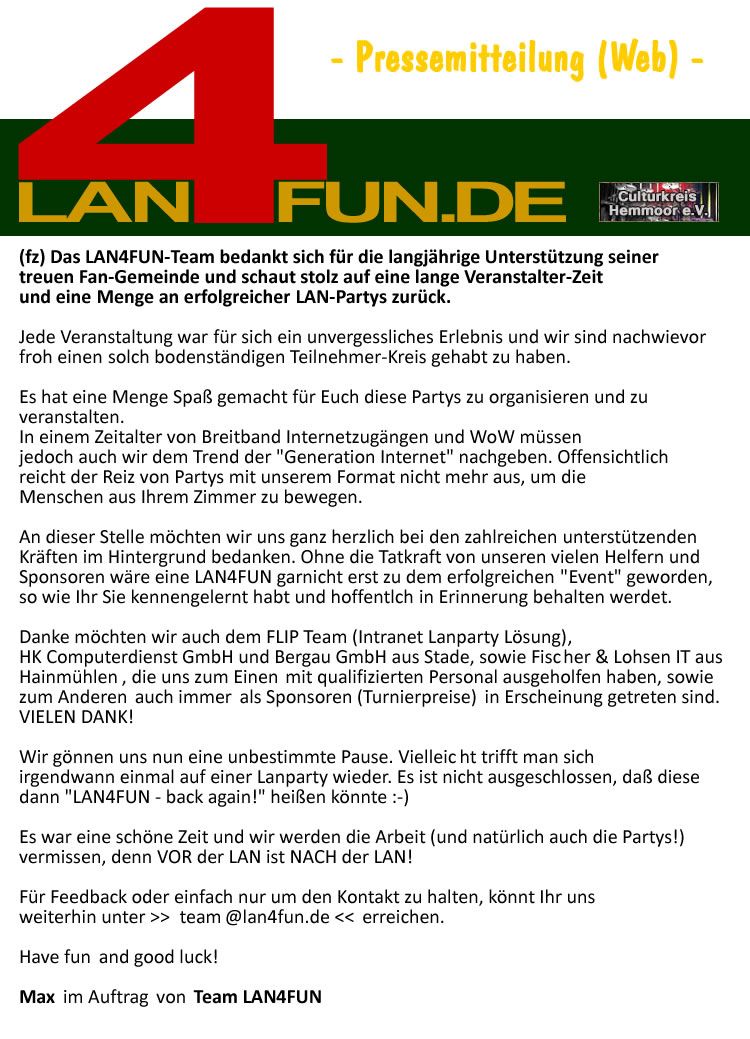 LAN4FUN - Netzwerk-Party in Hemmoor/LK Cuxhaven! Aus und Vorbei?!